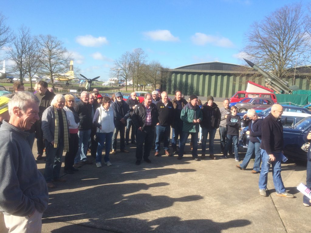 Entrants at the pre start briefing of the 2016 Cambridge Classic Car run, with the Bristol Britannia airliner in the background, and it seems a Bloodhound missile on the back of a VW T3 Atlantic campervan.